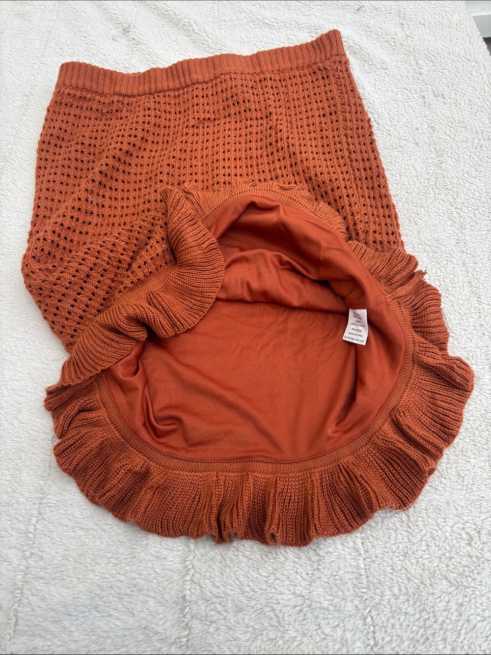 Open-Knit Rust Midi Skirt with Ruffle Hem - Picture 5 of 8